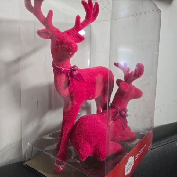 Nib Flocked Deer Christmas Tabletop Decorations, Pink, 12 inch, 2 Pack. - Picture 5 of 5
